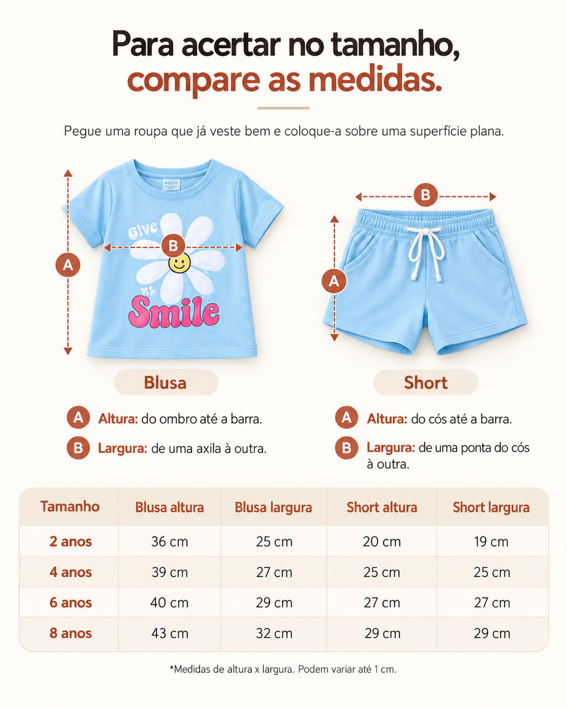 Kit Semana Rocco - tabela de medidas por tamanho