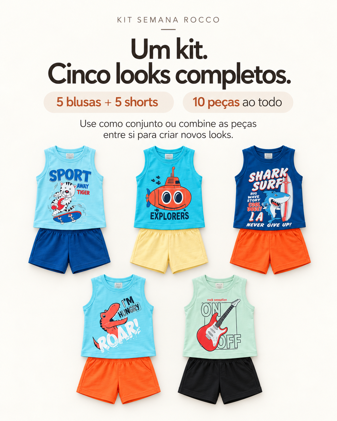 Kit Semana Rocco Menino - 5 blusas + 5 shorts, 10 peças ao todo